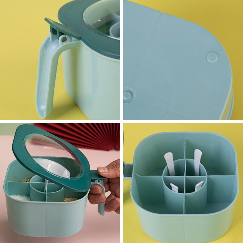 Boîte à Assaisonnements 4 en 1 avec Cuillère Pot à Épices Multi-Compartiment Salière Poivrière Pots à Épices Accessoires de Cuisine Récipient à Condiments