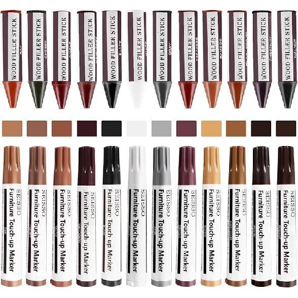 SEISSO Furniture Repair Kit For Scratched Wood Material Marker Pen 12 Color Furniture Touch-Up Pen Wood Filler Upgraded Wood Repair Kit Repair Wooden