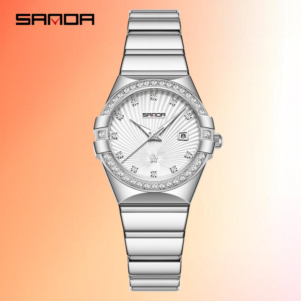SANDA Women's Waterproof Luminous Quartz Watch with Sunray Dial and Diamond Set Markers