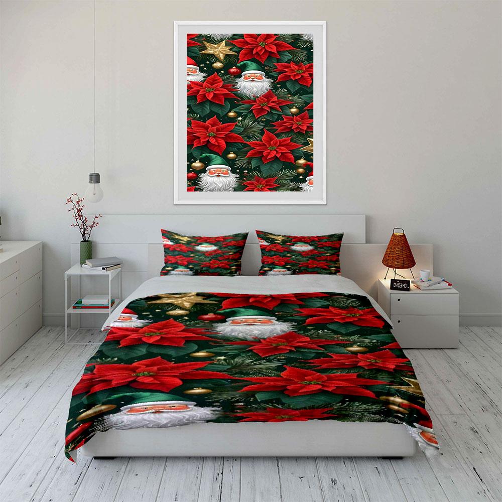 Festive Blooms & Cheerful Santa Bedding Sets Duvet Covers Pillowcases(1* Duvet Cover 2* Pillowcases Without Duvet Insert)
