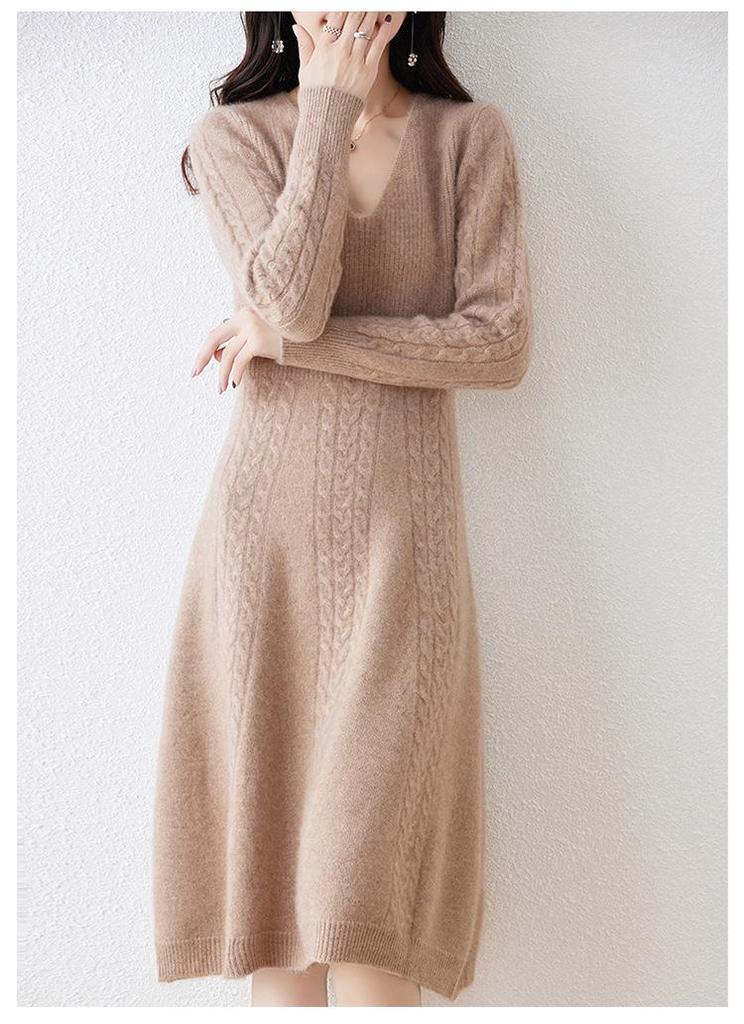 Women's Mid-Length V-Neck Wool Dress - Autumn/Winter Cashmere Over-the-Knee Sweater with Slimming Base Layer
