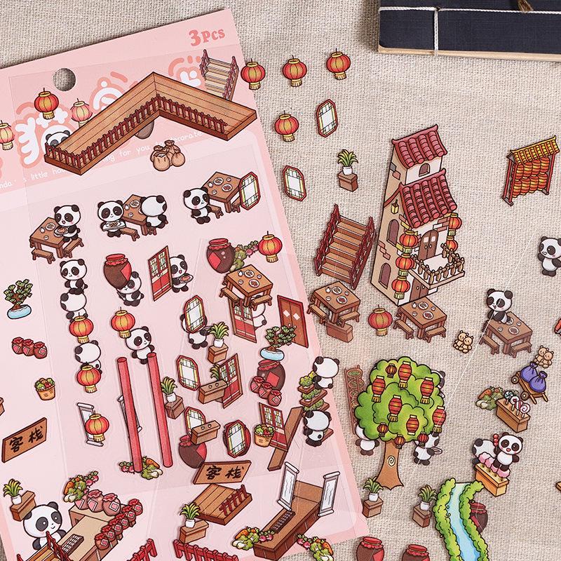 Panda House 3D Cartoon Pet Stickers: DIY Miniature Landscape & Educational Journal Decorations