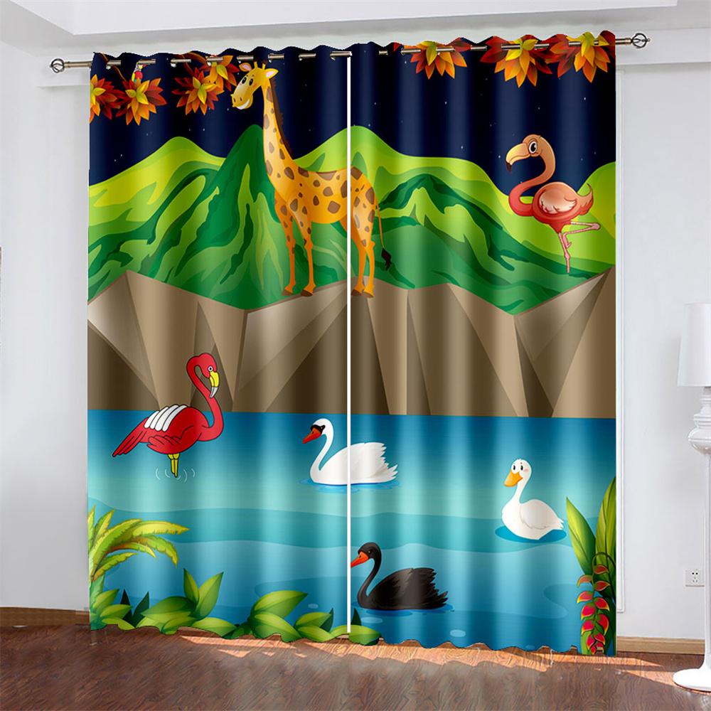 Artistic Flamingo Printing Woven Curtains Bedroom Blackout Curtains Two Separate Curtains On The Left and Right