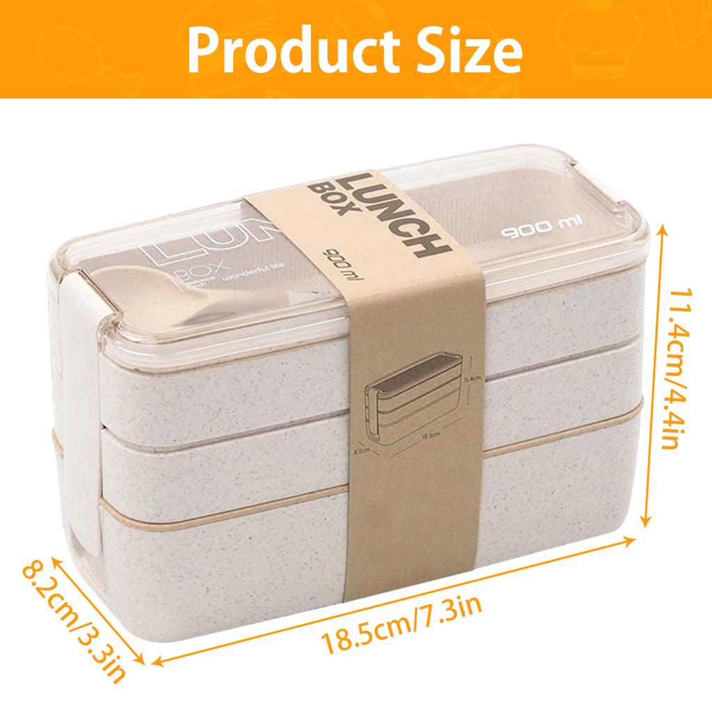 3-In-1 Compartment Wheat Straw Bento Box Reusable Tableware Lunch Containers Meal and Snack Food Containers Portable Lunch Box