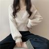 Women's Fashionable Square Neck Knitted Top - Spring/Autumn Design, Short, Versatile, with Bubble Sleeves and a Faux Two-Piece Look.