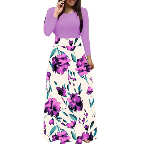 Damen O-Ausschnitt Lang Kurzarm Blumenmuster Großer Saum Tailleneng Maxi-Kleid