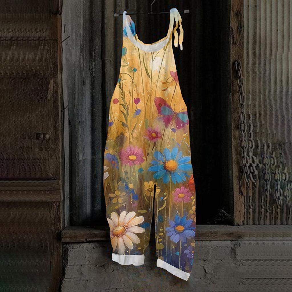 Women's Retro Printed Casual Loose, Retro Overalls Cotton And Linen One,piece Pants