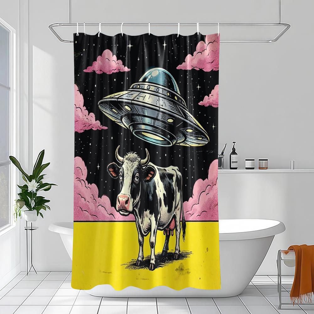 1pc Ufo-Printed Shower Curtain with Cow Pattern, Retro Cyber-Style Home Decoration Bathroom Curtain, Polyester Fabric Bathtub Cu