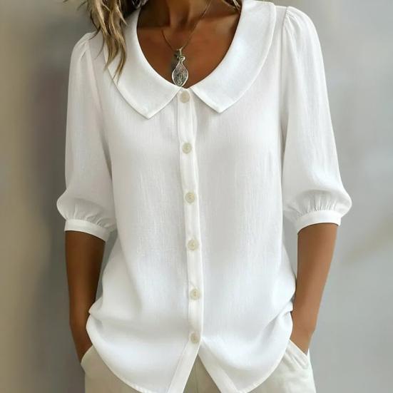 Women Tops Lapel Half Sleeve Buttons Placket Shirt Tops Pure Color Loose Fit Casual Style Shirt Home Dates Versatile Wear