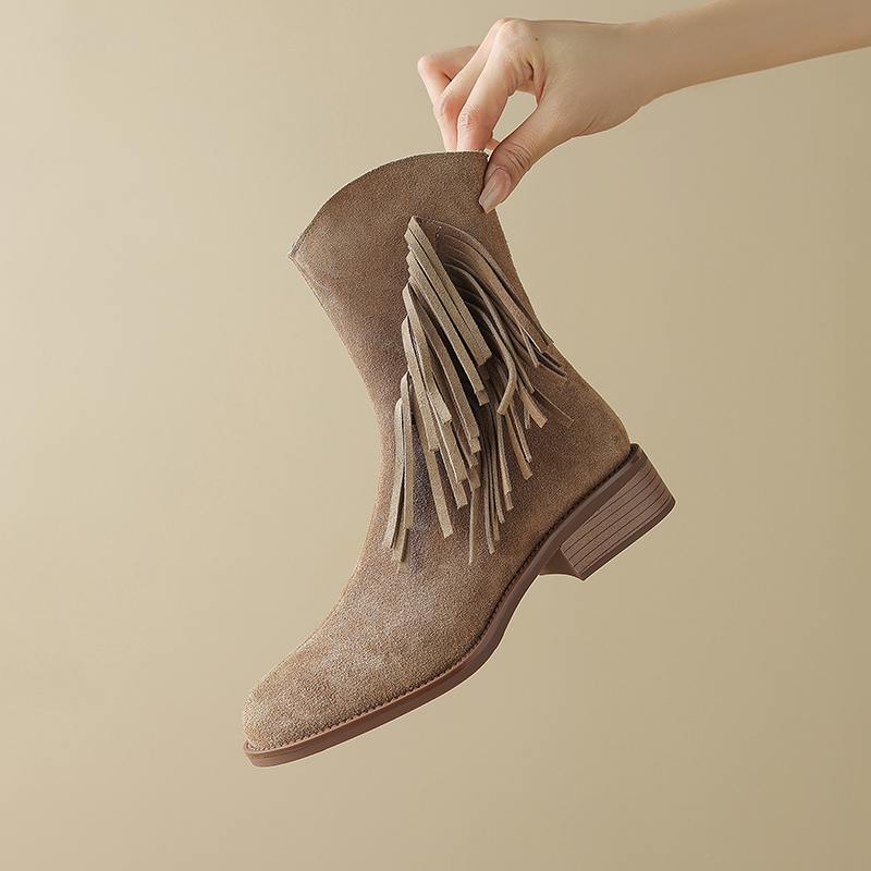Krazing Pot Cow Suede Nubuck Autumn Winter Shoes Med Heels Size 42 Modern Boots Round Toe Zipper Tassel Ankle Boots