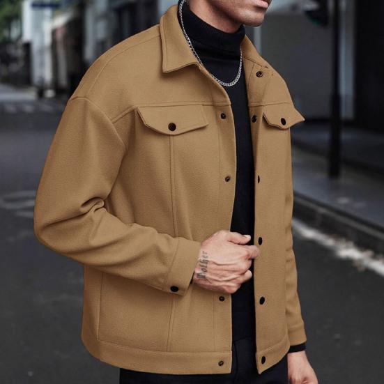 Men Jacket Woolen Lapel Design Long Sleeve Solid Color Coat with Flap Pockets Design