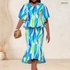 Women Plus Size Round Neck Batwing Sleeve Blue Brown Printed Ruffle Hem Top Fishtail Skirt Two Piece Set