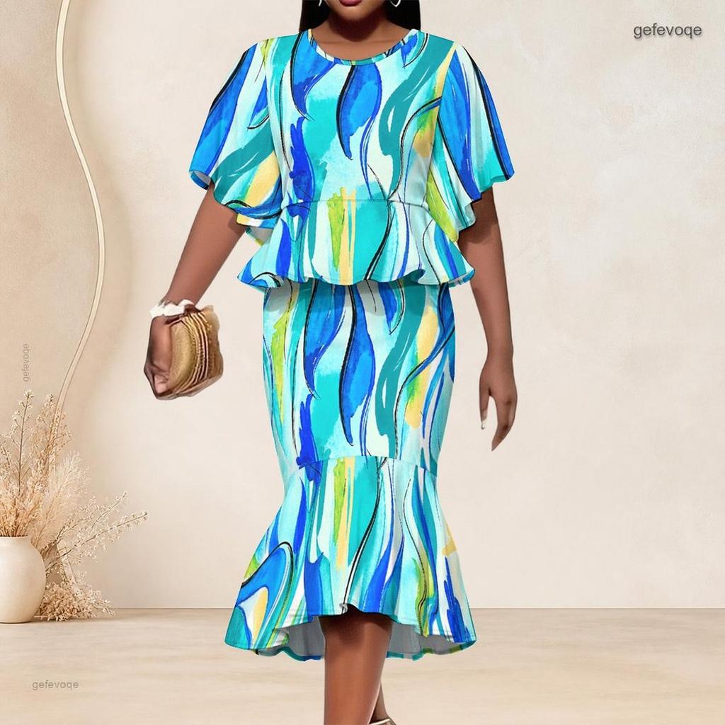 Women Plus Size Round Neck Batwing Sleeve Blue Brown Printed Ruffle Hem Top Fishtail Skirt Two Piece Set