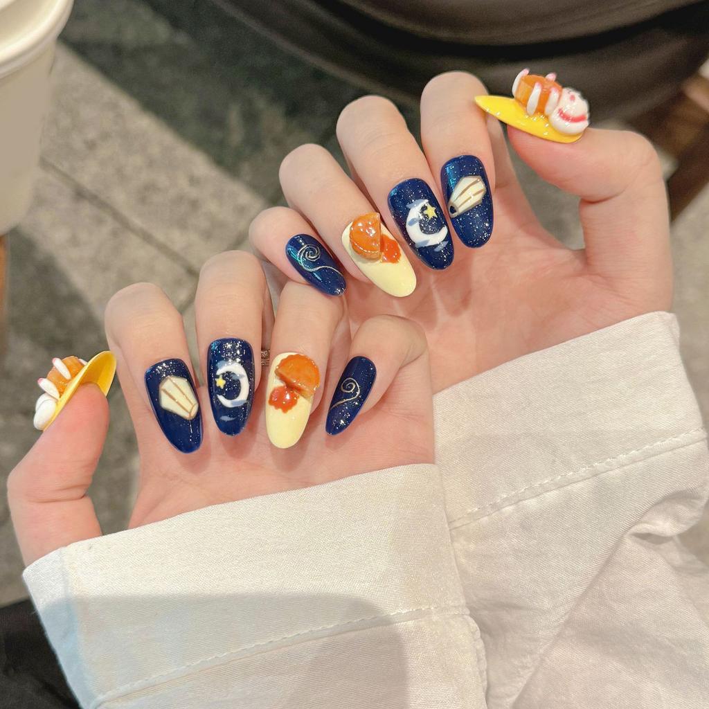 Blue Yellow Fake Nails with Rabbit Print Sweet & Charming Reusable False Nails for Stage Performance Wear