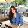 Women's Blue Loose-Fit Long-Sleeve Blouses V-Neck Shirt
