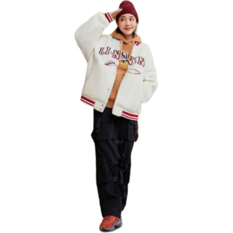 Li Ning Color Block Trim Stripes Letter Logo Sherpa Fleece Lined Jacket Unisex Ivory AFDSD31-1