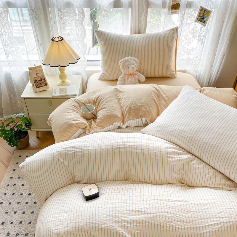 

INS Seersucker Stripes Duvet Cover Pillowcases Flat Sheet Girls Bedding Set Washed Cotton Solid Color Bed Linen Single Size Flat Bed Sheet&Single150x200 3pcs