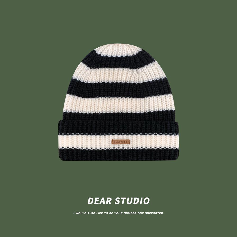 Japanese Striped Letters Small Label Large Version Wool Hat for Women In Autumn and Winter Warm Versatile Big Head Circumference Knit Pile Hat Trend