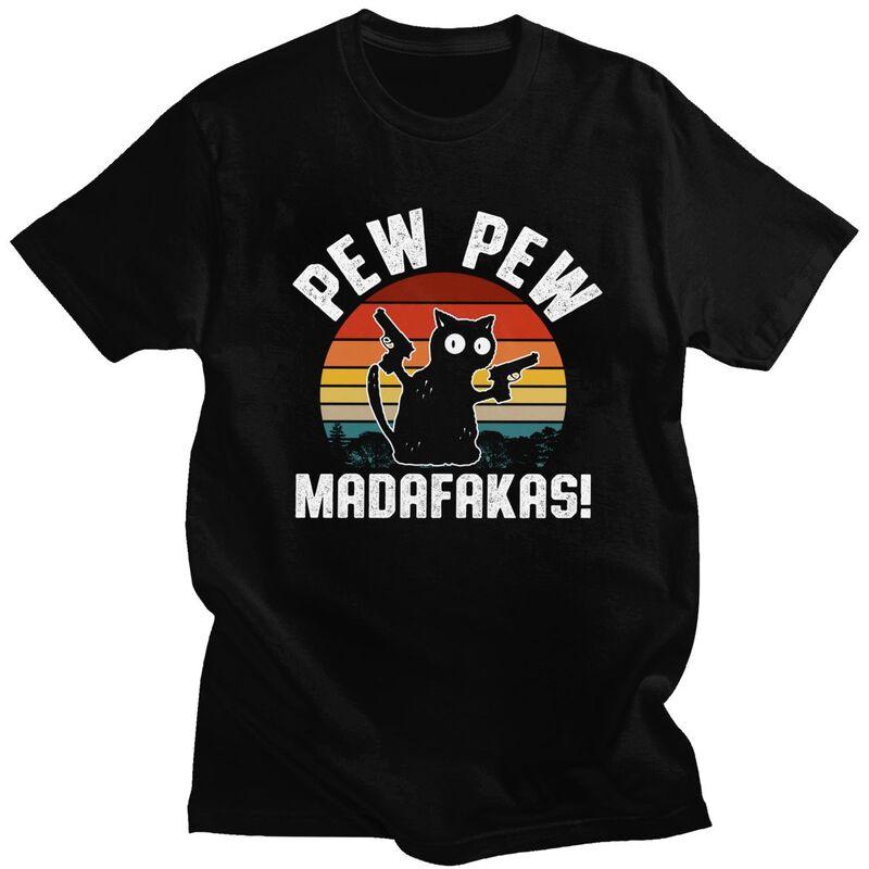 Custom Mens Retro Black Cat Pew Pew Madafakas T Shirt Short Sleeve Cotton Tshirt Tshirt Casual Tees Loose Fit Clothes