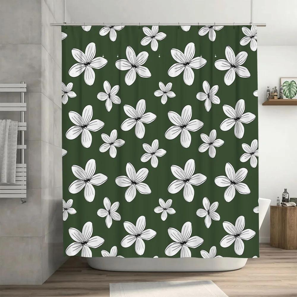 Luxurious Bathroom Floral Print Shower Curtains for Home Decor White Flowers Green Background Waterproof Fabric 180x240cm (Green