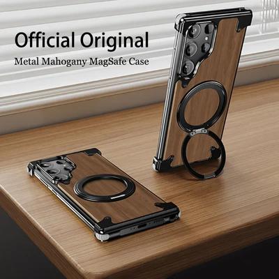 Eary Solid Wood for Samsung Galaxy S24 Ultra Case with Magsafe 360°Rotation Kickstand Magnetic Stand Frameless Design Bumper Cover