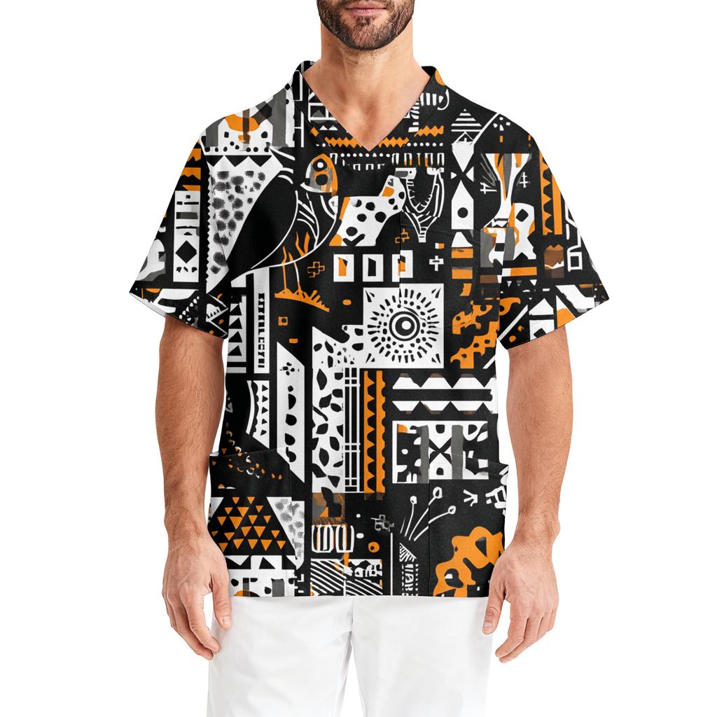 Men's Printing Short Sleeve V-neck Working Blouse Chest Pocket Carer Top