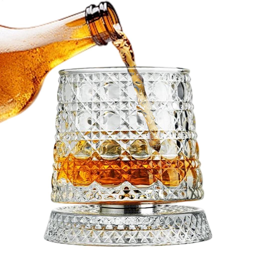 Whiskey Glasses Rotating Whisky Glass with Glass Base 360 Rotate Degrees Crystal Rum Glass for Cocktail Party Drinking