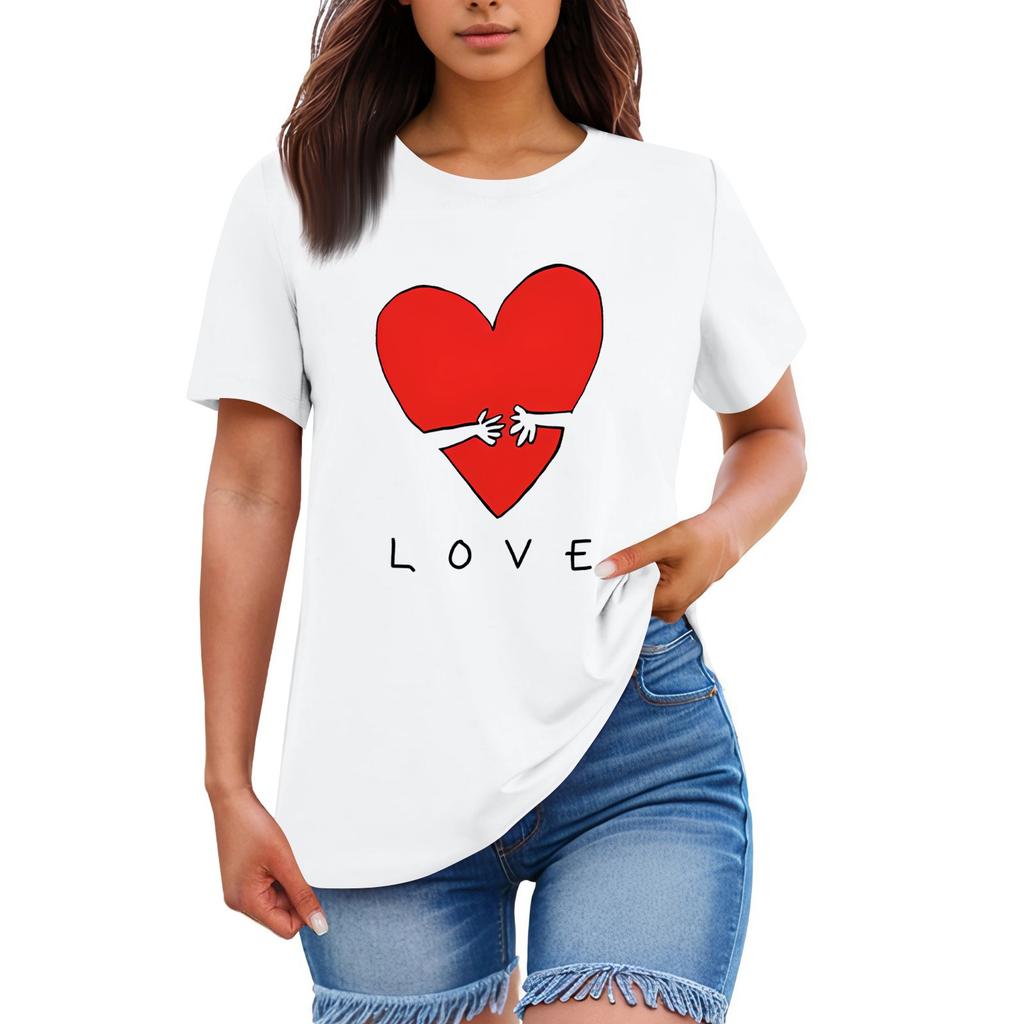 Ladies' Loose Comfortable Casual Fashionable Heart And LOVE Character Pattern Printed Round Neck Short Sleeved Shirt