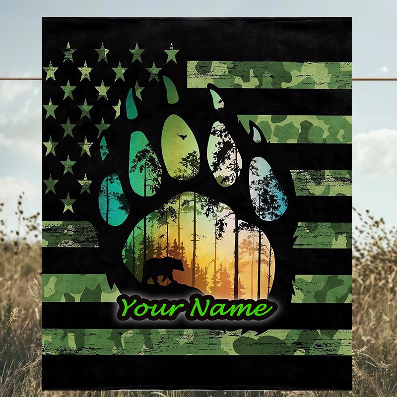 1PC Custom Name American Flag Paw Print outdooor Flannel blankets Patterns Throw Blanket All-Season Soft Gift for Couch, Bed, Camping gifts