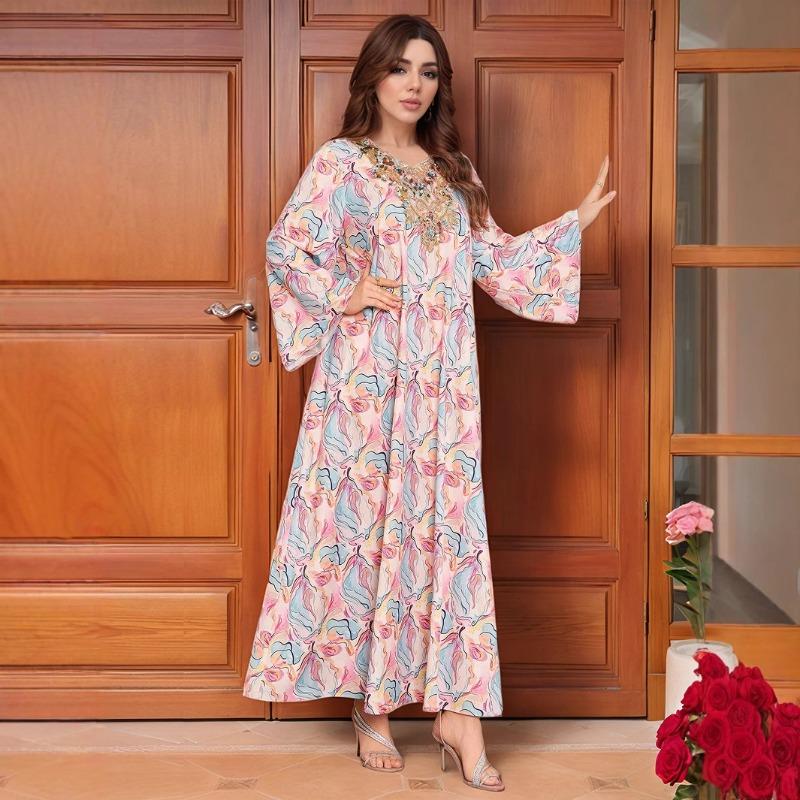 Dress Sequined Embroidery V-neck Horn Sleeve Loose Long Dress Women