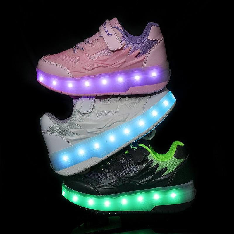 New Double-wheel Four-wheel Runaway Shoes Charging Model, Children's Adult Wheels Shoelace Lights, Men's and Women's Sports Shoes Roller Skates
