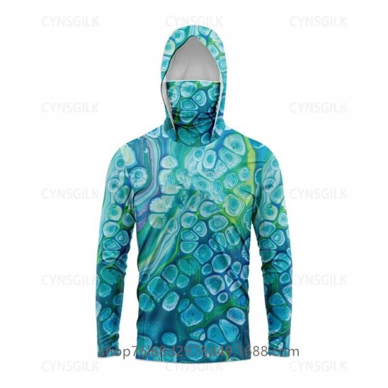 Mens Quick-Dry Ice Silk Long Sleeve Fishing Shirt With Hood Integrated Face Cover UV Protection Outdoor Sunproof Apparel