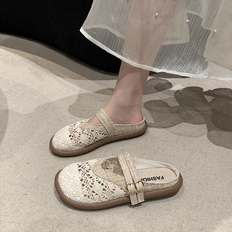 

Flat-bottomed bag head and half slippers for women s summer wear 2025 new models with skirts, fisherman shoes, one pedal, maternity sandals, single 35 бежевый