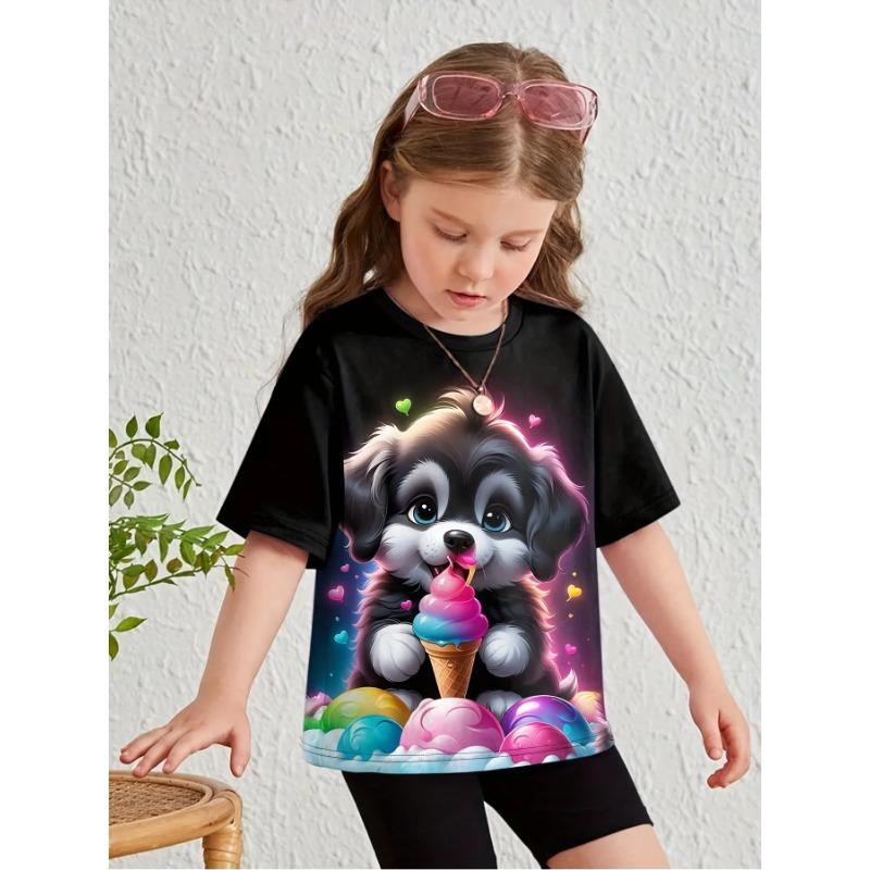 

Летний топ с круглым вырезом и 3D-принтом мультяшных животных, модная повседневная футболка с коротким рукавом для девочки 170