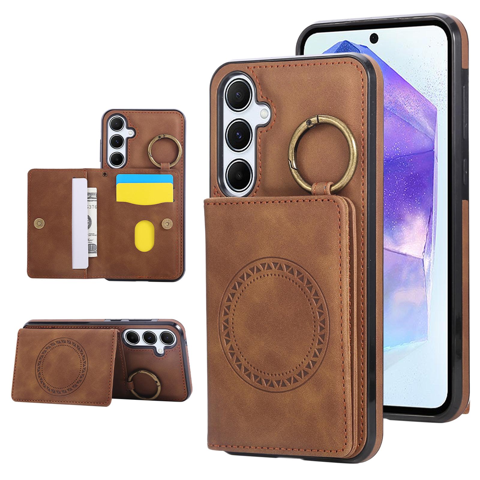 

For Samsung Galaxy A36 5G Case Card Holder Kickstand Leather+TPU Phone Cover with Ring Holder Brown