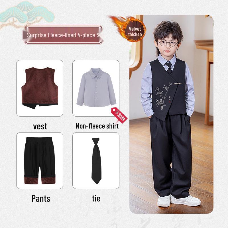 Boys' Chinese-Style Embroidered Velvet Vest and Suit for Autumn/Winter Photography and Performance