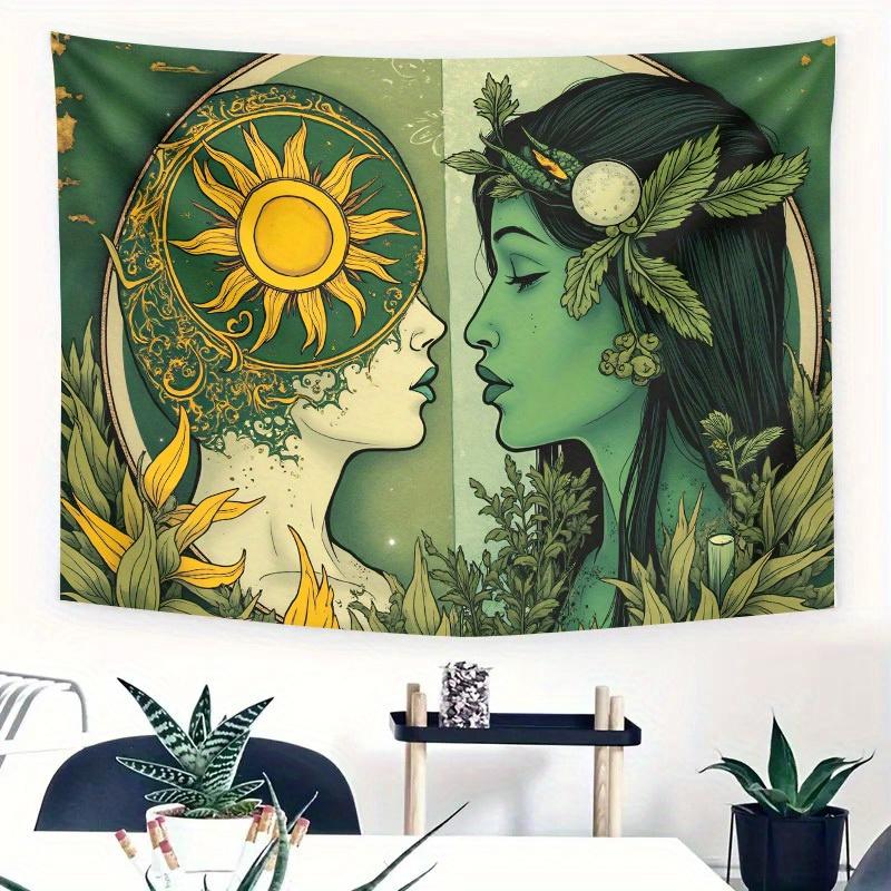 Celestial Woman Tapestry  Sun and Moon Goddess Yin Yang Design Green and Gold Mythical Art for Bedroom or Dorm Decor 74x94cm(29x37in)