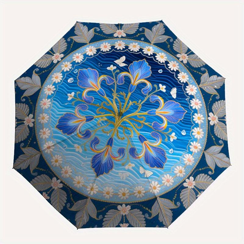 1pc Iris Floral Mandala Umbrella with Plastic Handle,Suitable for All Seasons Home Travel Outdoor UmbrellaB1708