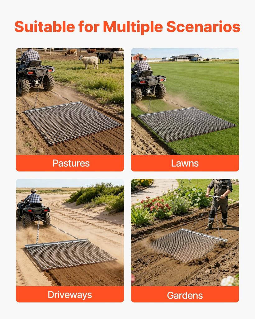 Drag Harrow, 1.2x1.2 M , High-Efficiency Chain Harrow Rake, ATVs UTVs Tractors Attachments, Durable Galvanized Steel Mesh Drag Mat with Towing Chain,