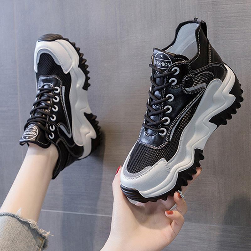 

8cm Height Increasing Shoes Women Platform Sneakers Fashion Brand Ladies Leather Chunky Sneakers Breathable Mesh Casual Shoes Black White 34 чёрный