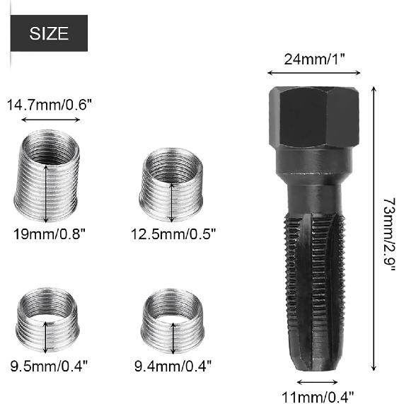 Milltrip 5Pcs Carbon Steel Sparks Plug Thread Repair Kit - 14mm Re-thread Tap Tool with 4 Inserts, Professional Cylinder Head Rethreading Tools for