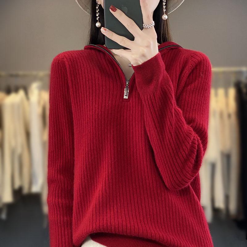 2023 Autumn Winter Women's Loose Wool Knit Hooded Pullover with Raglan Sleeves