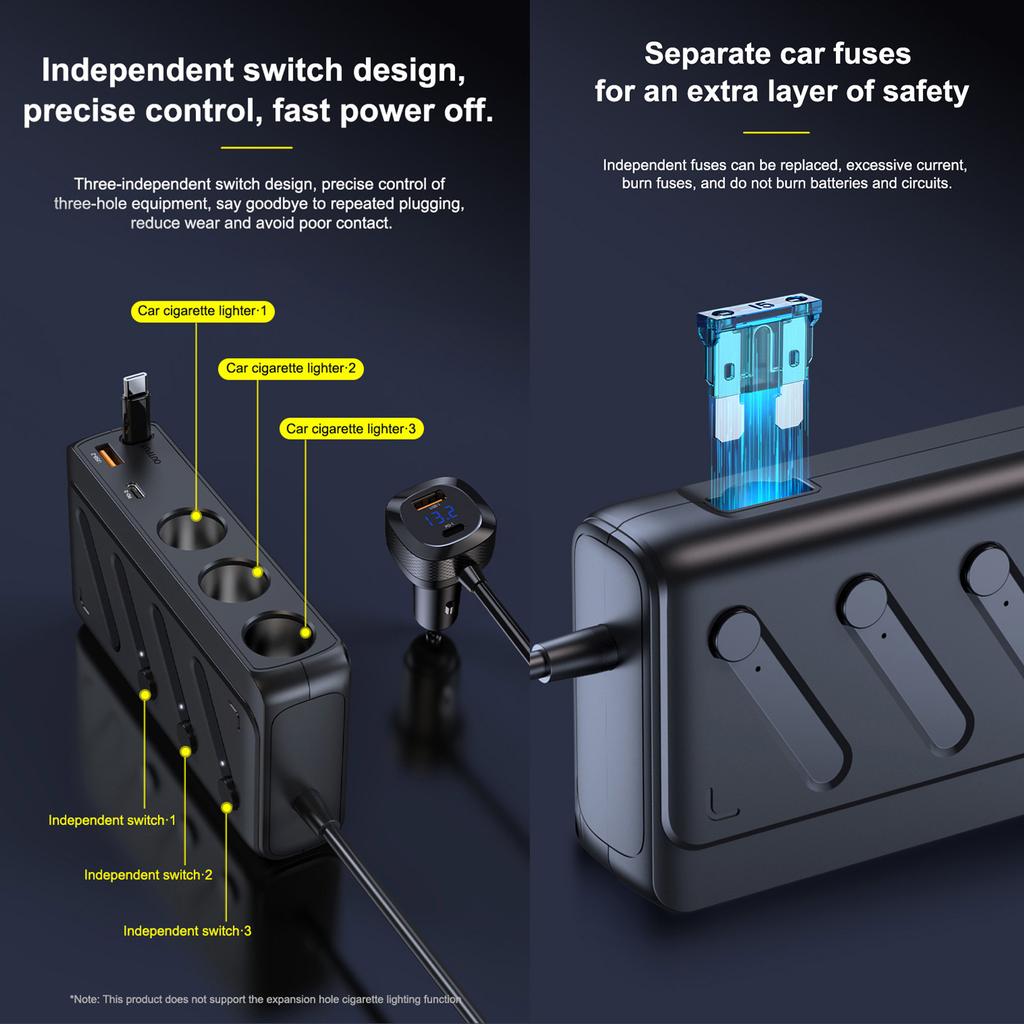 PD45W 3.0 Fast Charging 187W Auto Adapter 3 Port Car Chargers with Independent Switches Intelligent Current Management