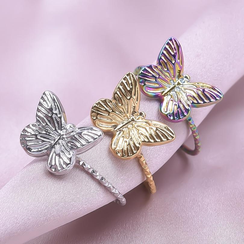 1/2/3pcs Animal Ring Butterfly Cat Wings Shell Open Adjustable Stainless Steel Rings For Women Men Accessories Fashion Jewelry