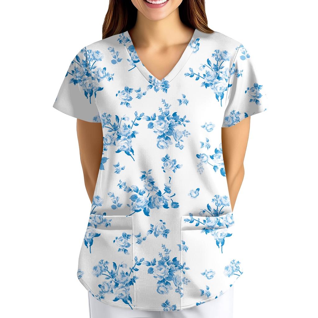 Plus size bedrukte scrub werkkleding tops voor dames met V-hals en print, korte mouwen, leuke T-shirts, werkkleding T-shirt met zakken