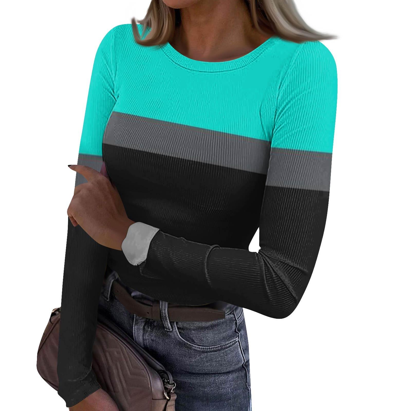 

Женская и зимняя футболка с тонким низом, модная повседневная футболка с градиентным принтом и круглым вырезом, пуловер с длинным рукавом XXL циан