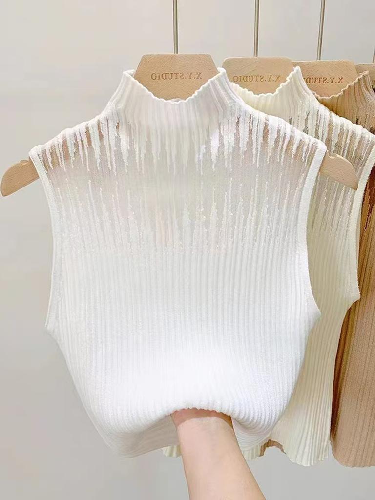 Neuer ärmelloser Strickpullover Damen Sommer Dünn High-End Tragen Kragen Eleganter Stil Urlaubs-Freizeit-Oberteil Direkte Lieferung