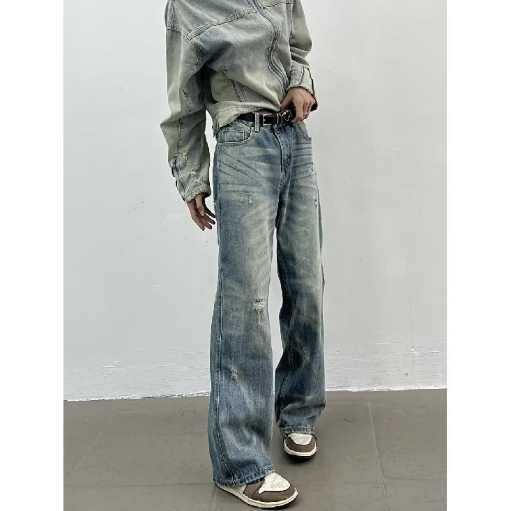 

Осень и зима Новые американские джинсы High Street Washed Light Color для мужчин и женщин Прямые слегка расклешенные свободные широкие брюки 3XL синий