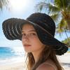 (Einheitsgröße, Schwarz) Damen Sommerstrohhut Eleganter Floppy-Hut mit breiter Krempe Strandkappe Leichter Spitzen-Sonnenhut