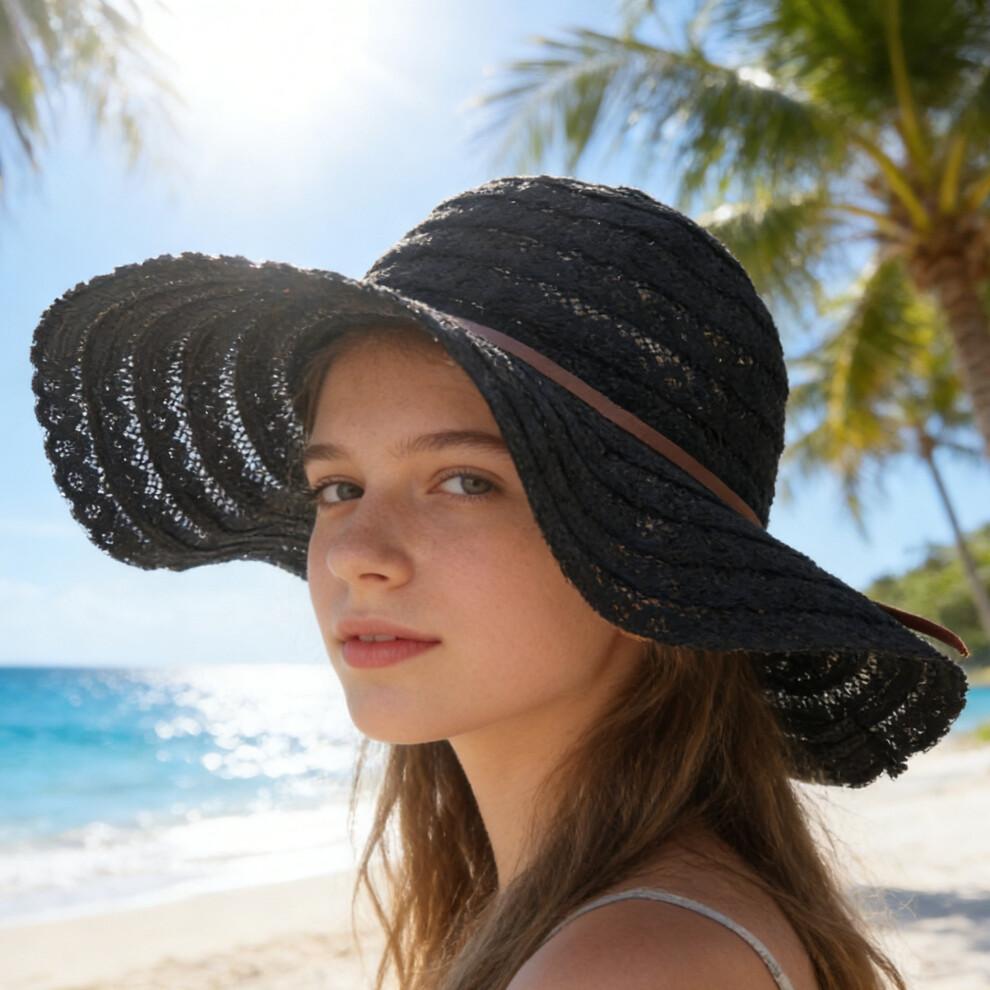 (Einheitsgröße, Schwarz) Damen Sommerstrohhut Eleganter Floppy-Hut mit breiter Krempe Strandkappe Leichter Spitzen-Sonnenhut